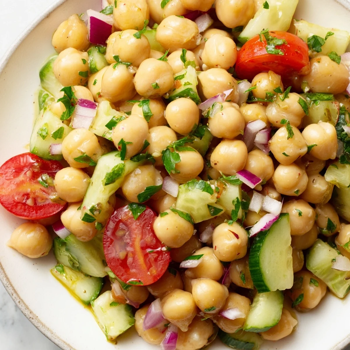 Crispy chickpea cucumber salad topped with juicy tomatoes and bright parsley