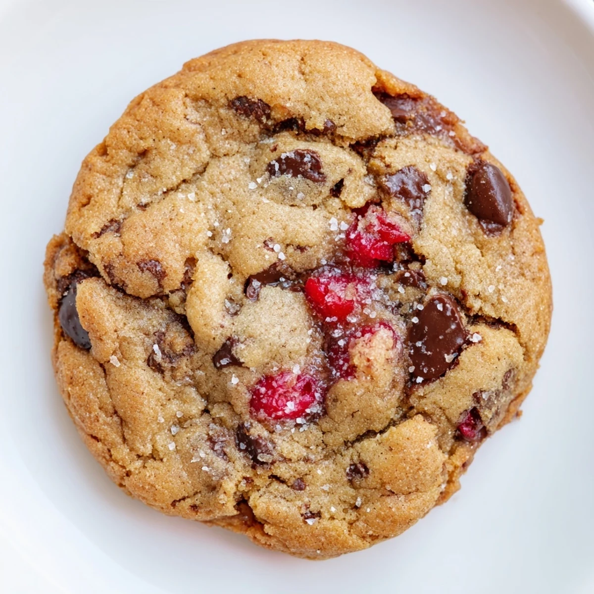 Soft maraschino cherry chocolate chip cookies with golden edges on a rustic wooden board