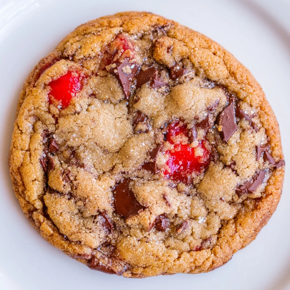 Chewy maraschino cherry chocolate chip cookie showcasing bright red fruit and melted chocolate morsels