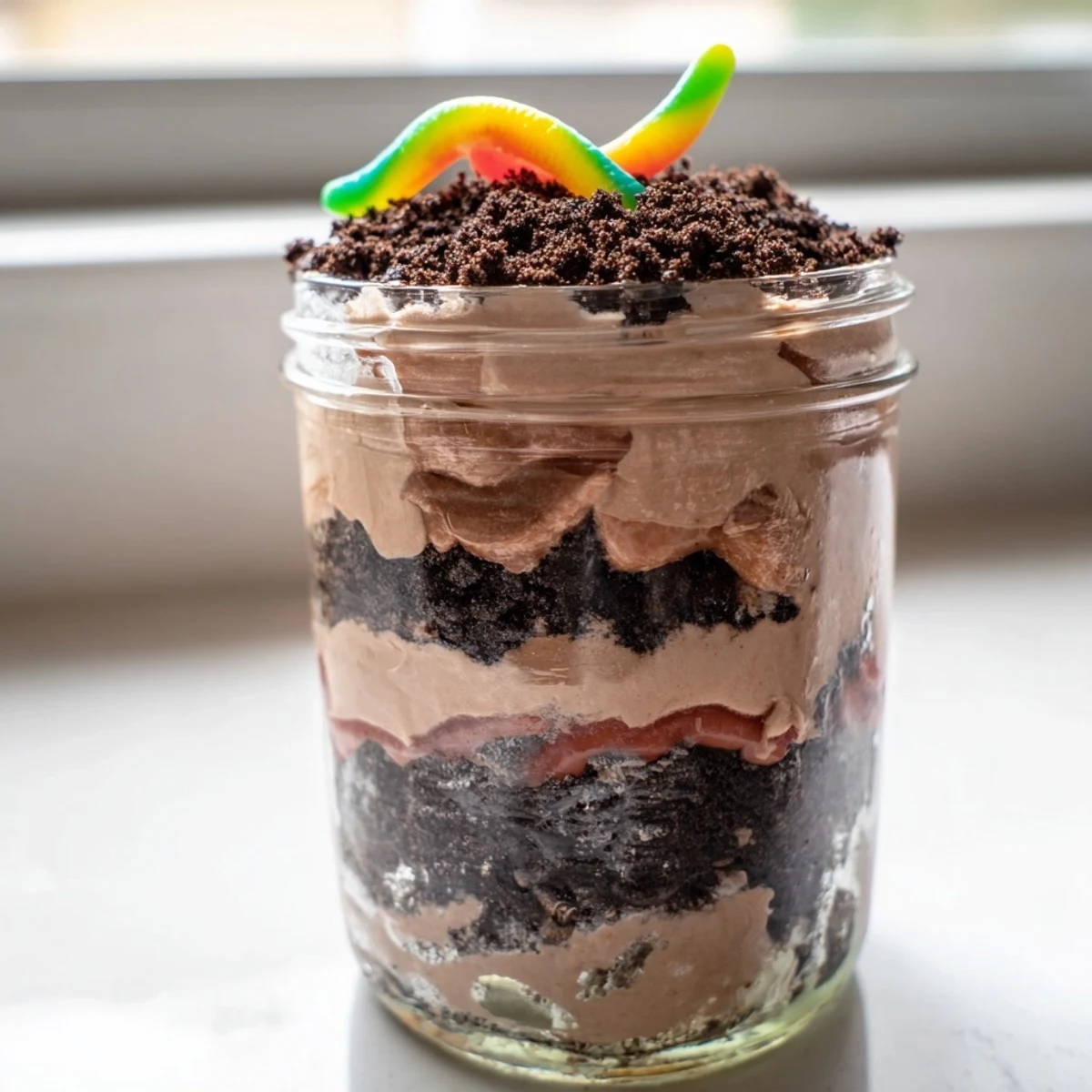 Dirt Pudding cups with chocolate cookie crumbs and gummy worms on top