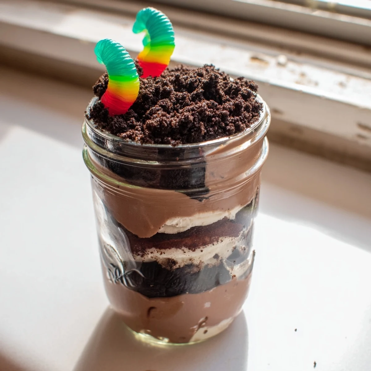 Fun no-bake Dirt Pudding dessert topped with cookie dirt and crawling gummy worms