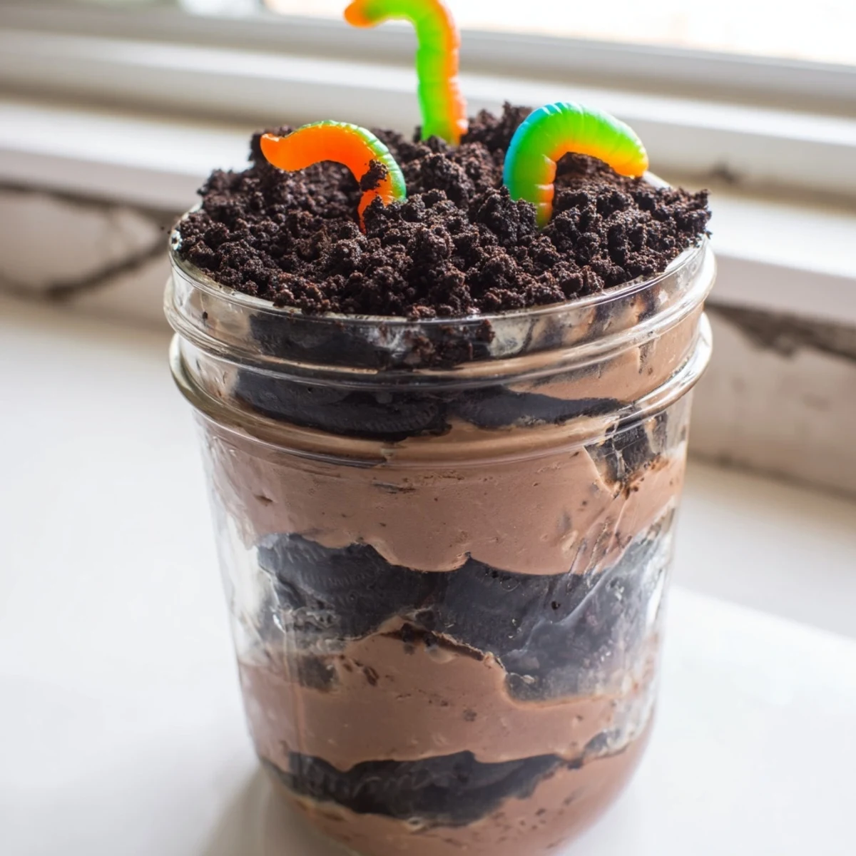 Creamy chocolate Dirt Pudding layered with crushed Oreos in clear mason jars