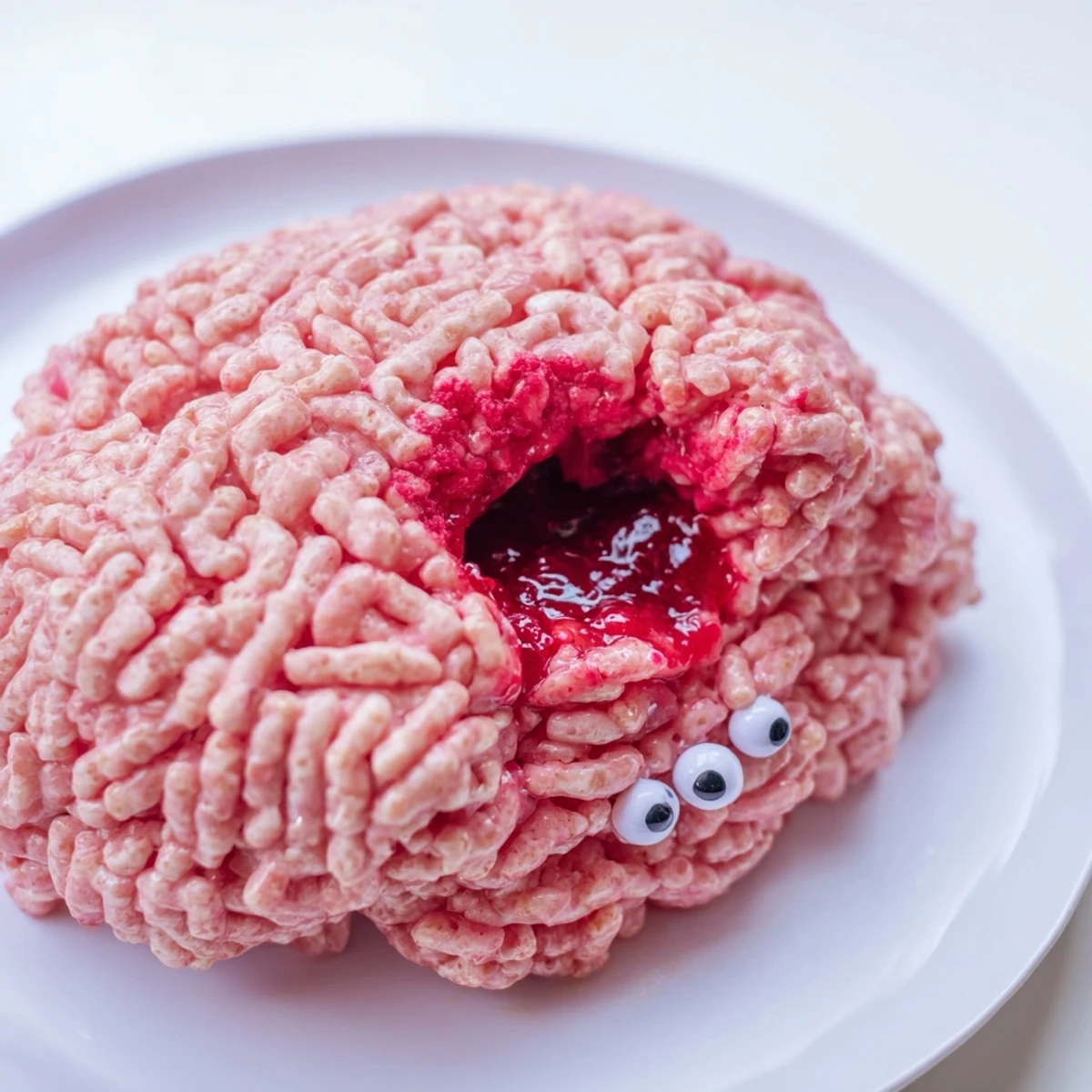 Spooky Stuffed Crispy Rice Cereal Brain oozing with bright red berry filling on a party platter