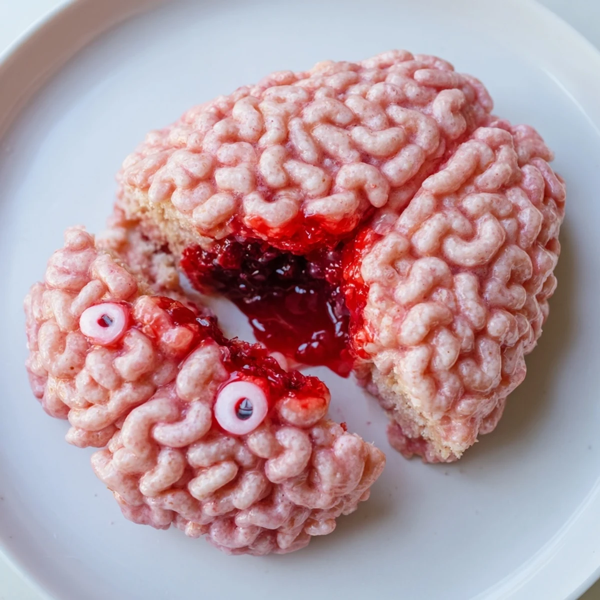 A pink Spooky Stuffed Crispy Rice Cereal Brain sliced open revealing a gooey raspberry center
