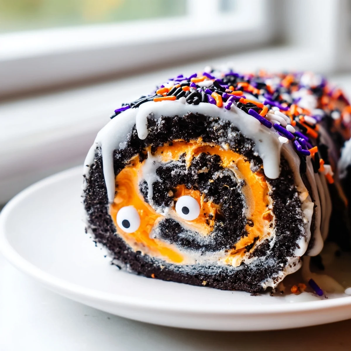 Festive Halloween Oreo roll sliced and topped with colorful sprinkles and candy eyes