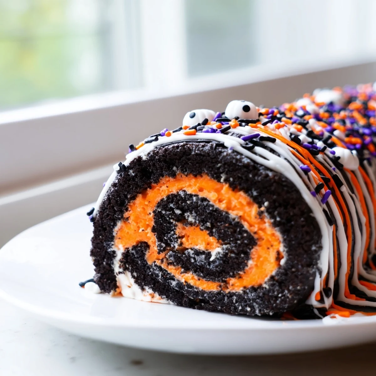 Spiraled Halloween Oreo roll showcasing a creamy orange whipped filling on a dark cookie crust