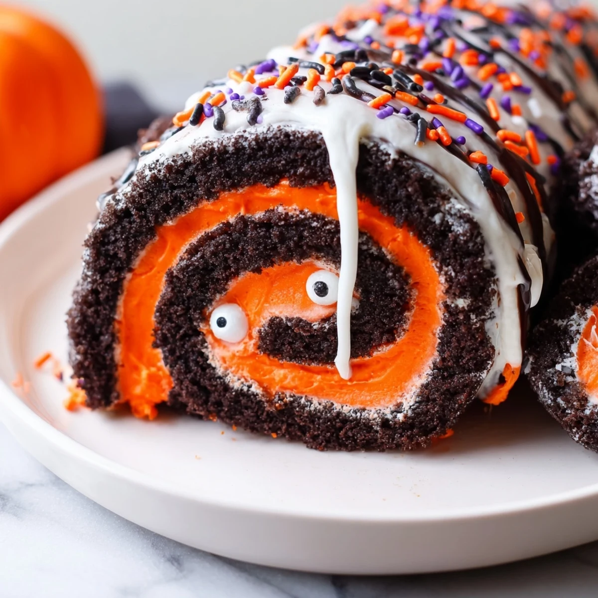 Chilled Halloween Oreo roll drizzled with chocolate and garnished with spooky candy eyes
