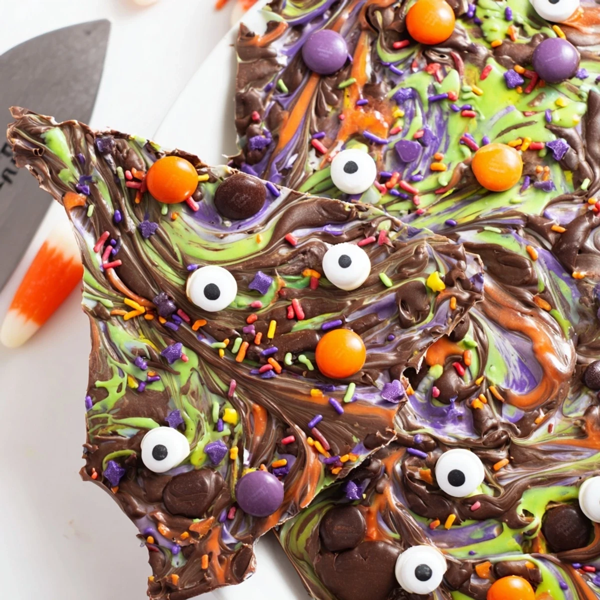 Melting Witches Bark with swirled chocolates, candy eyes, and colorful Halloween sprinkles