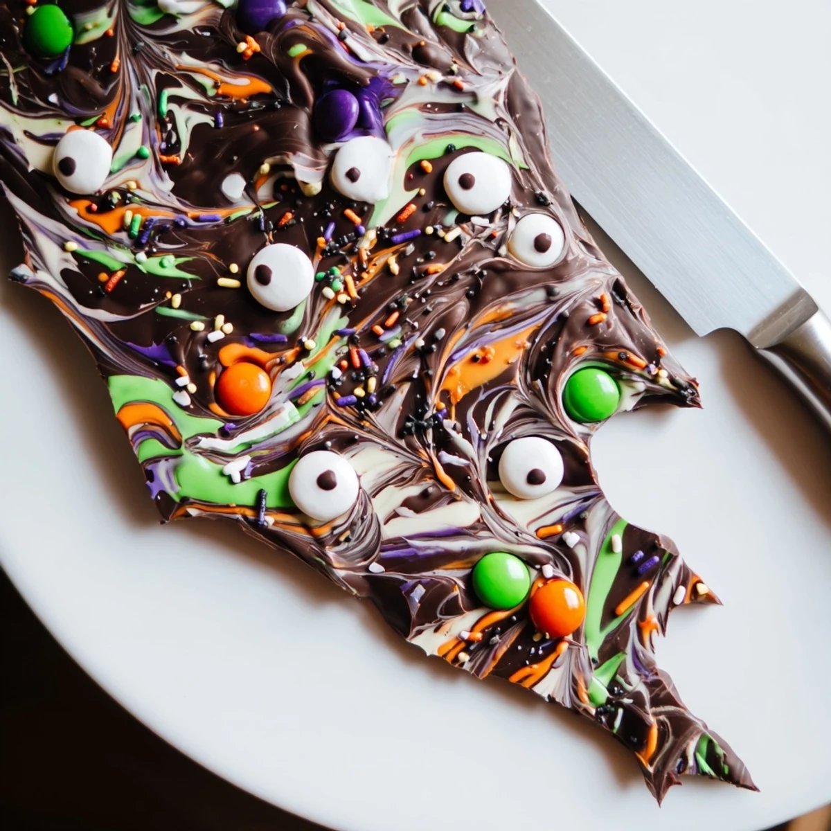 Dark and white chocolate Melting Witches Bark topped with spooky candy eyes and sprinkles