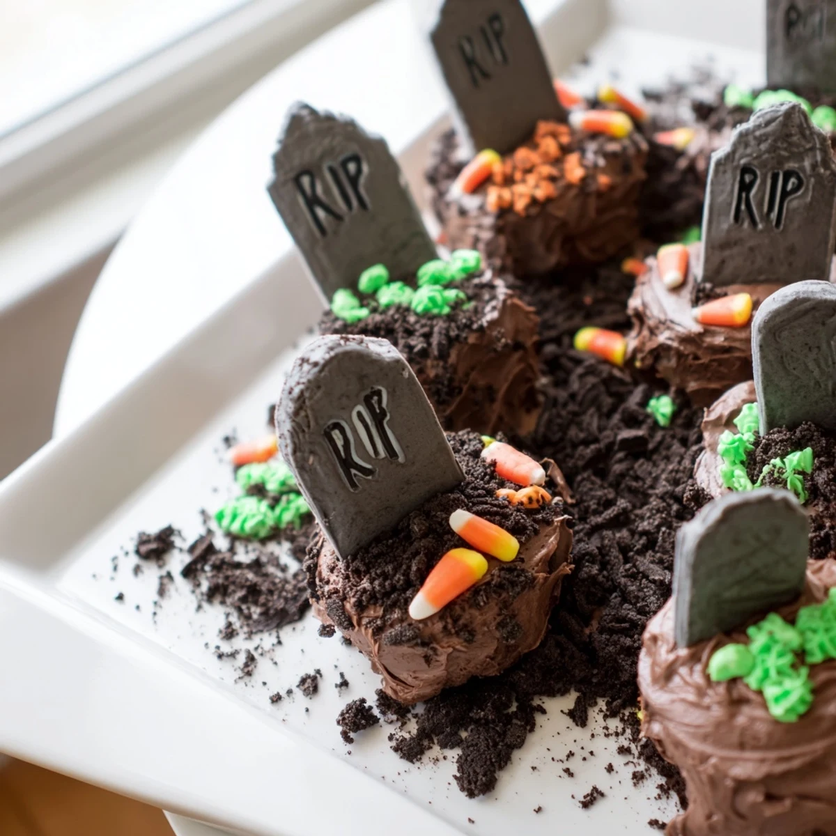 Frosted pull apart graveyard cupcakes topped with crushed cookie dirt and spooky tombstone decorations