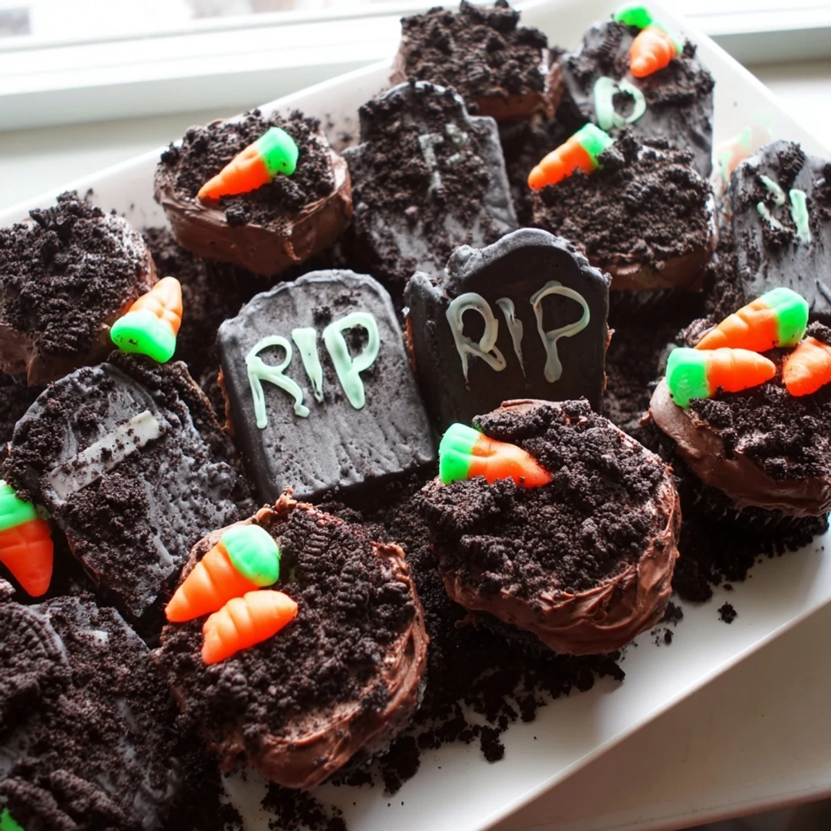 Pull apart graveyard cupcakes arranged together with chocolate frosting and edible Halloween tombstone cookies