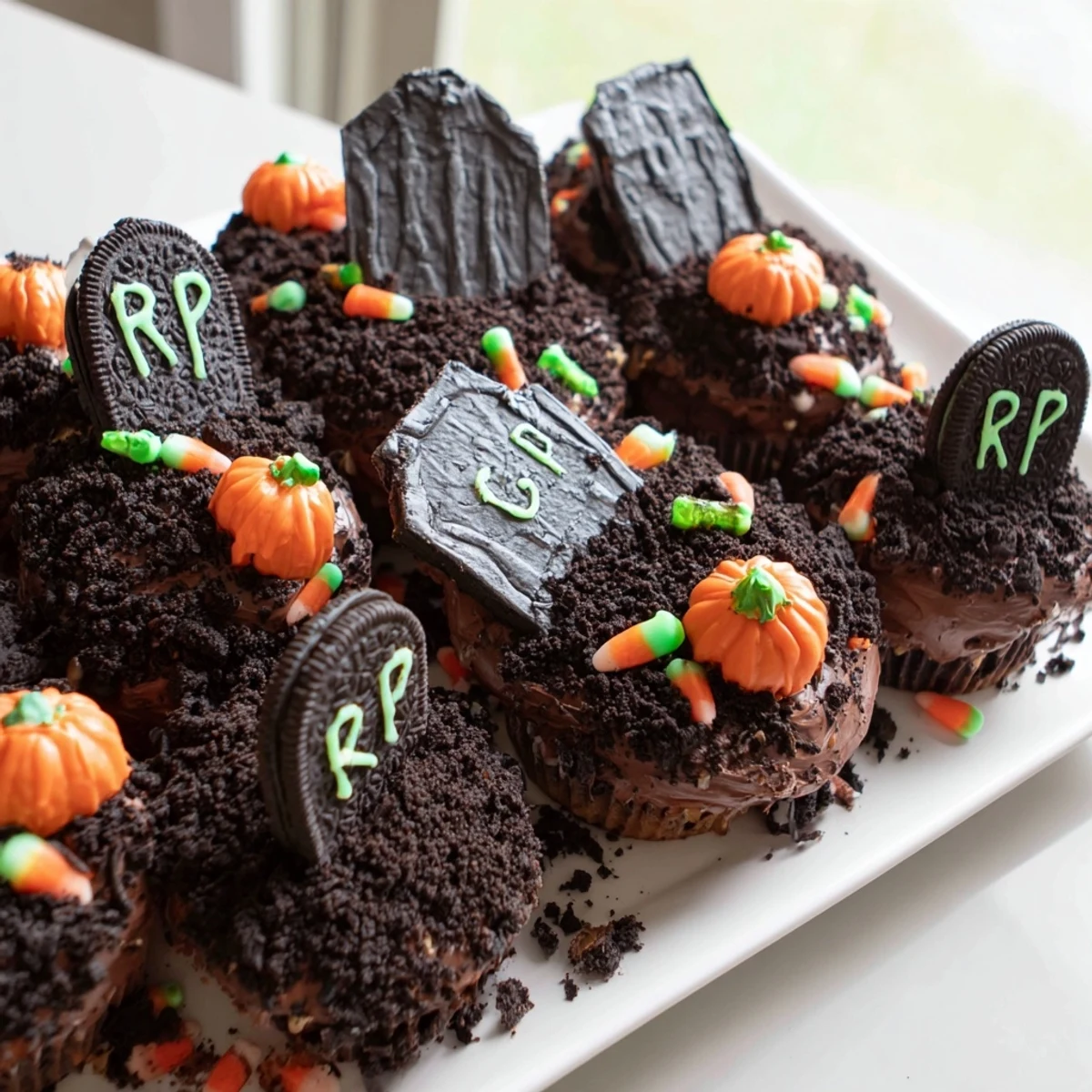 Chocolate frosted pull apart graveyard cupcakes decorated with candy pumpkins and gummy worms