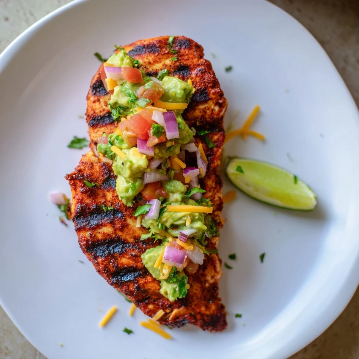 Sizzling grilled Fiesta Lime Chicken topped with creamy diced avocado and fresh cilantro