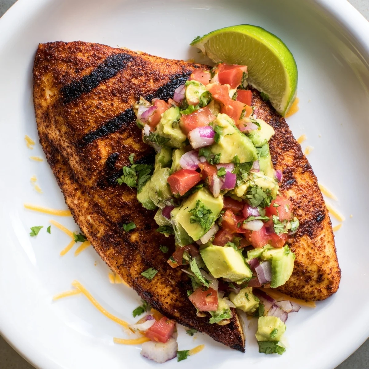 Juicy Fiesta Lime Chicken garnished with melted cheese lime wedges and chunky avocado topping