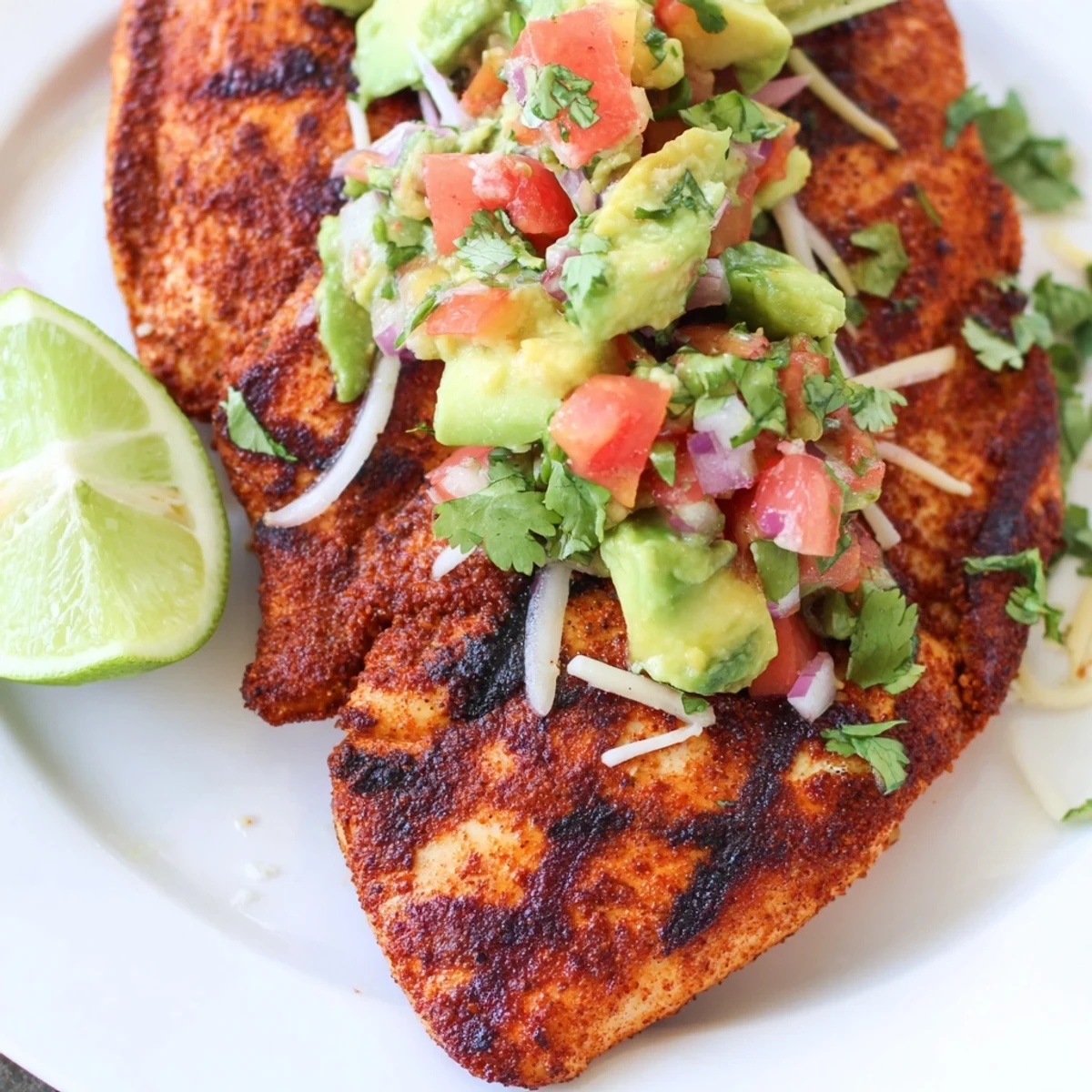 Golden seared Fiesta Lime Chicken drizzled with lime juice over a colorful avocado salsa