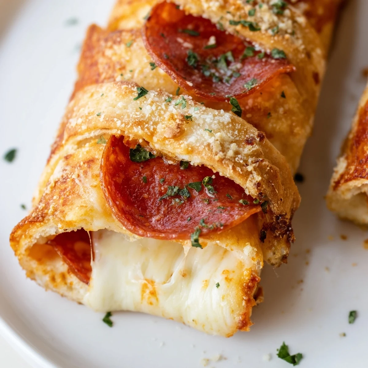 Golden pepperoni pizza roll breadsticks fresh from the oven with bubbling mozzarella cheese