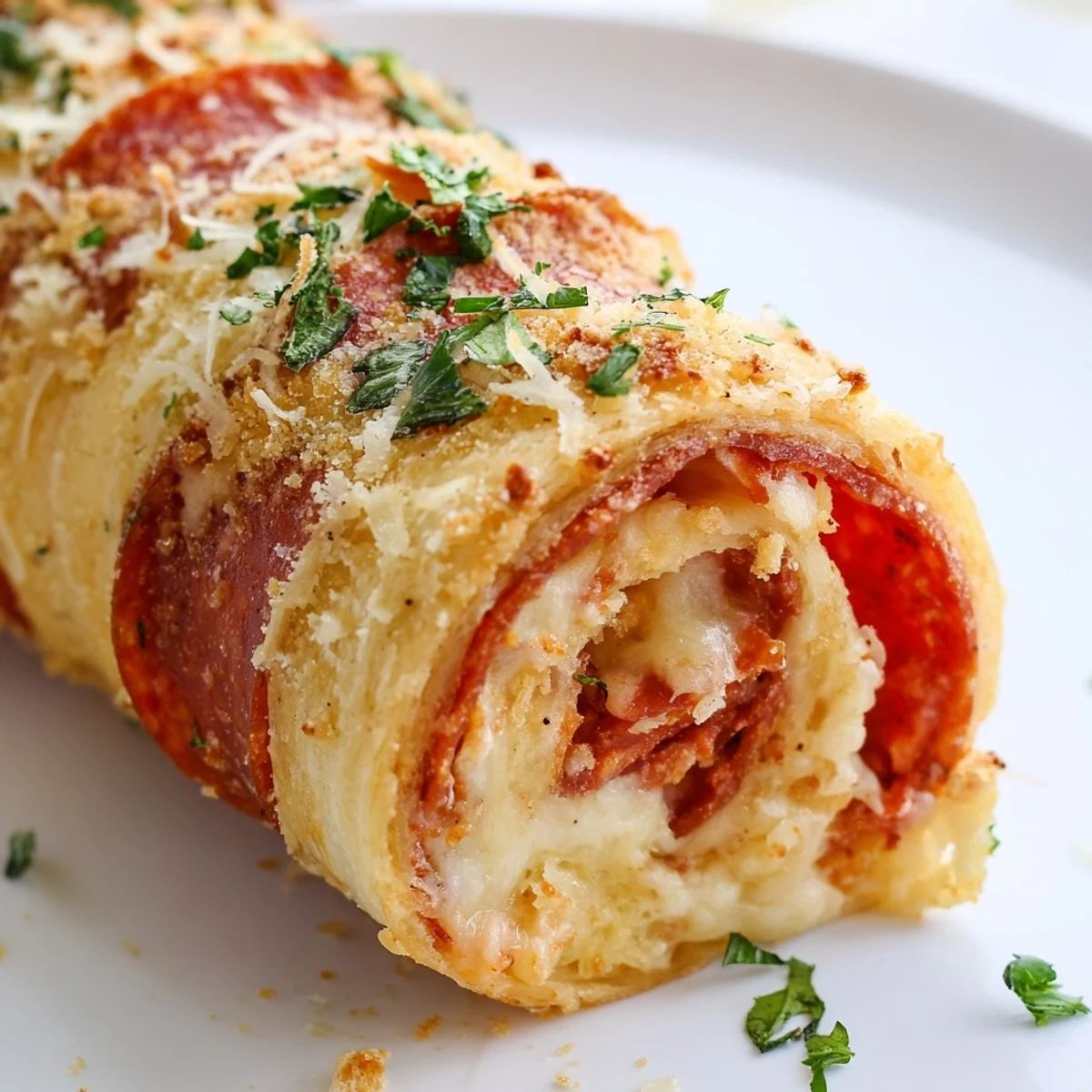 Warm pepperoni pizza roll breadsticks served alongside a bowl of marinara dipping sauce