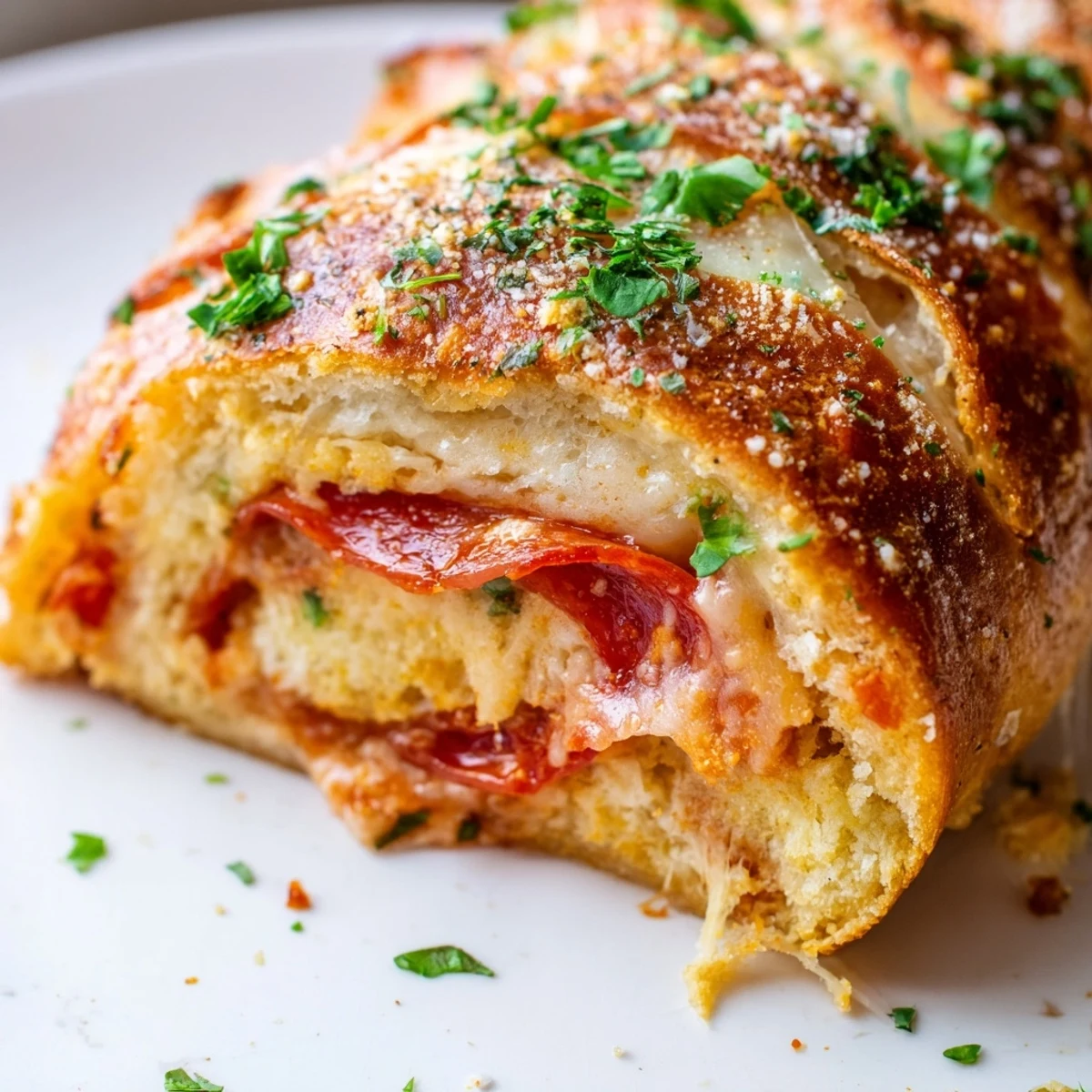 Gooey pepperoni pizza roll breadsticks brushed with garlic butter and sprinkled with parsley