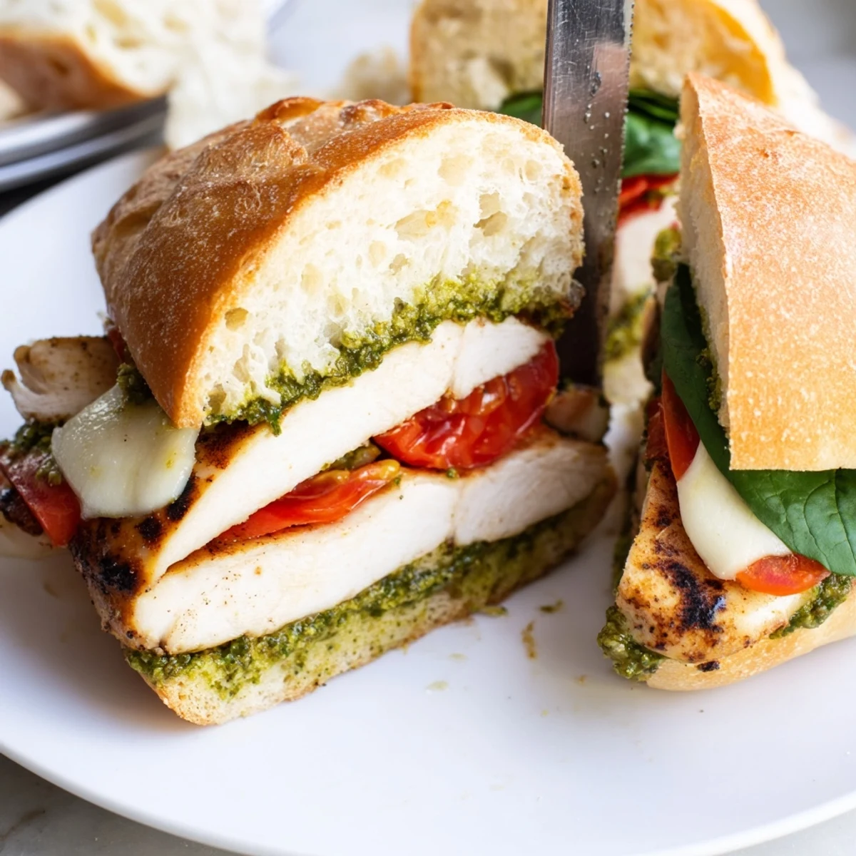 Sliced tomato and fresh greens layered inside a warm chicken pesto sandwich recipe ready to eat