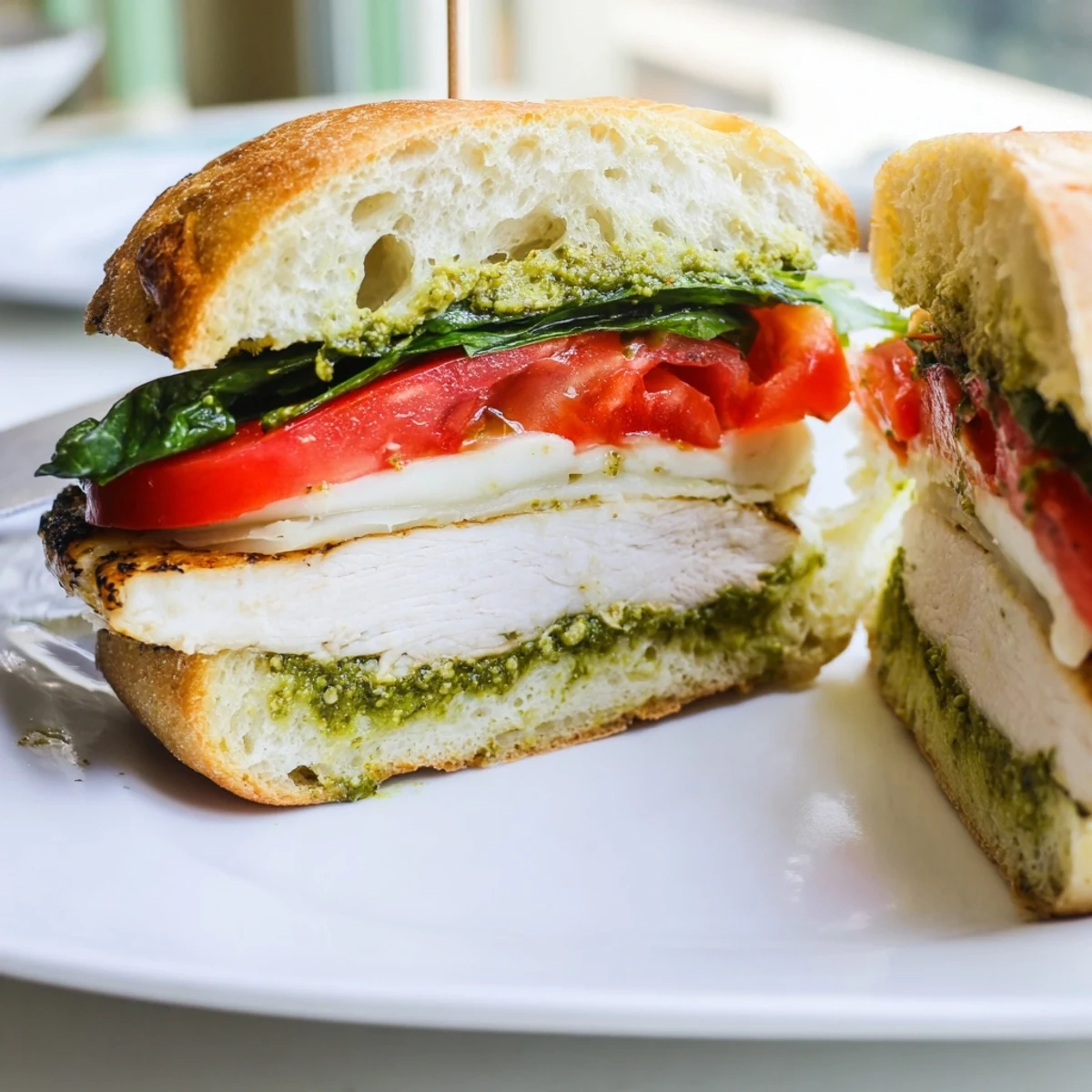 Golden grilled chicken with melted mozzarella on a chicken pesto sandwich recipe served on toasted ciabatta