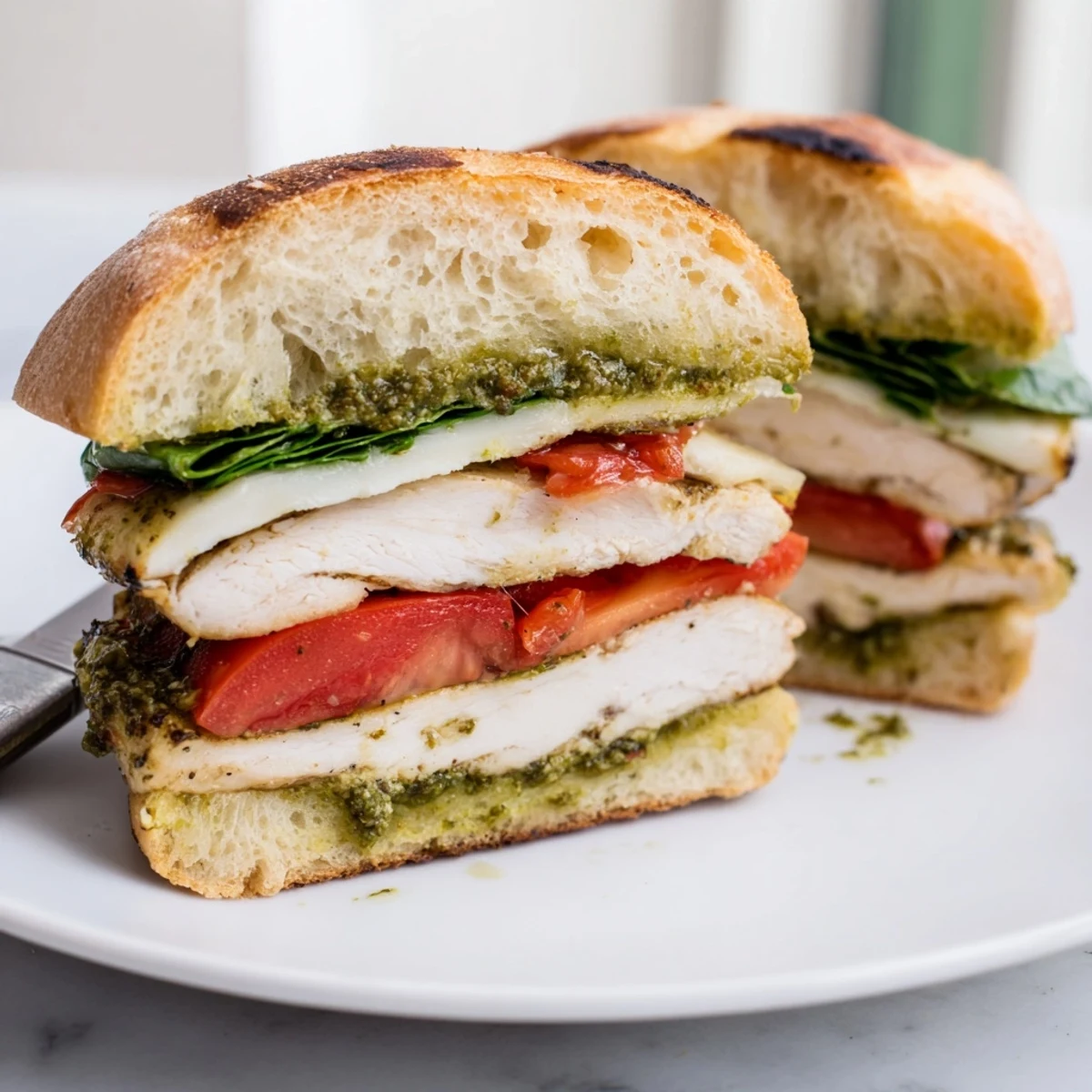 Juicy pesto-slathered chicken cutlets on a crispy chicken pesto sandwich recipe with gooey cheese