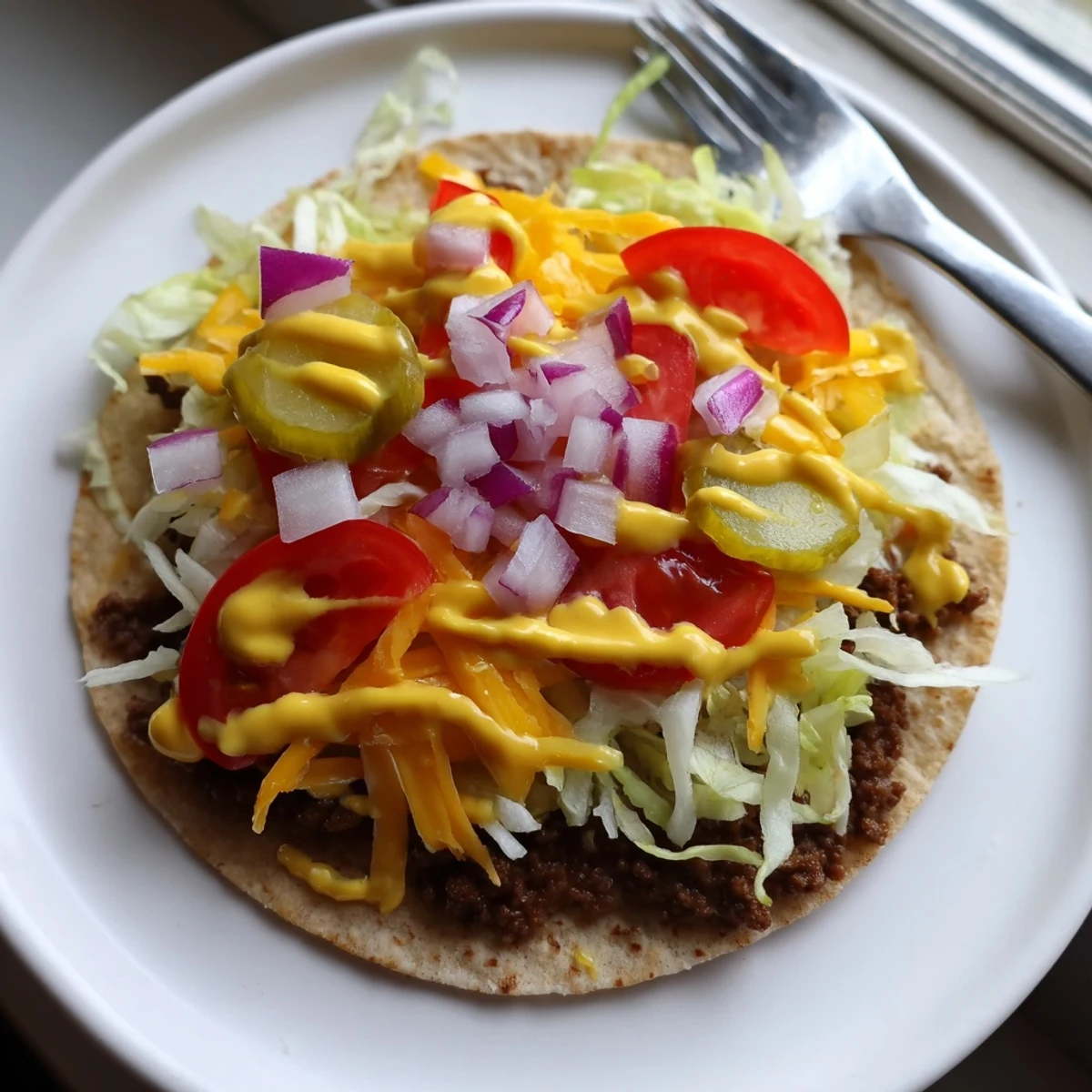 Golden flour tortilla tacos stuffed with juicy smashed beef, diced tomato, and creamy sauce