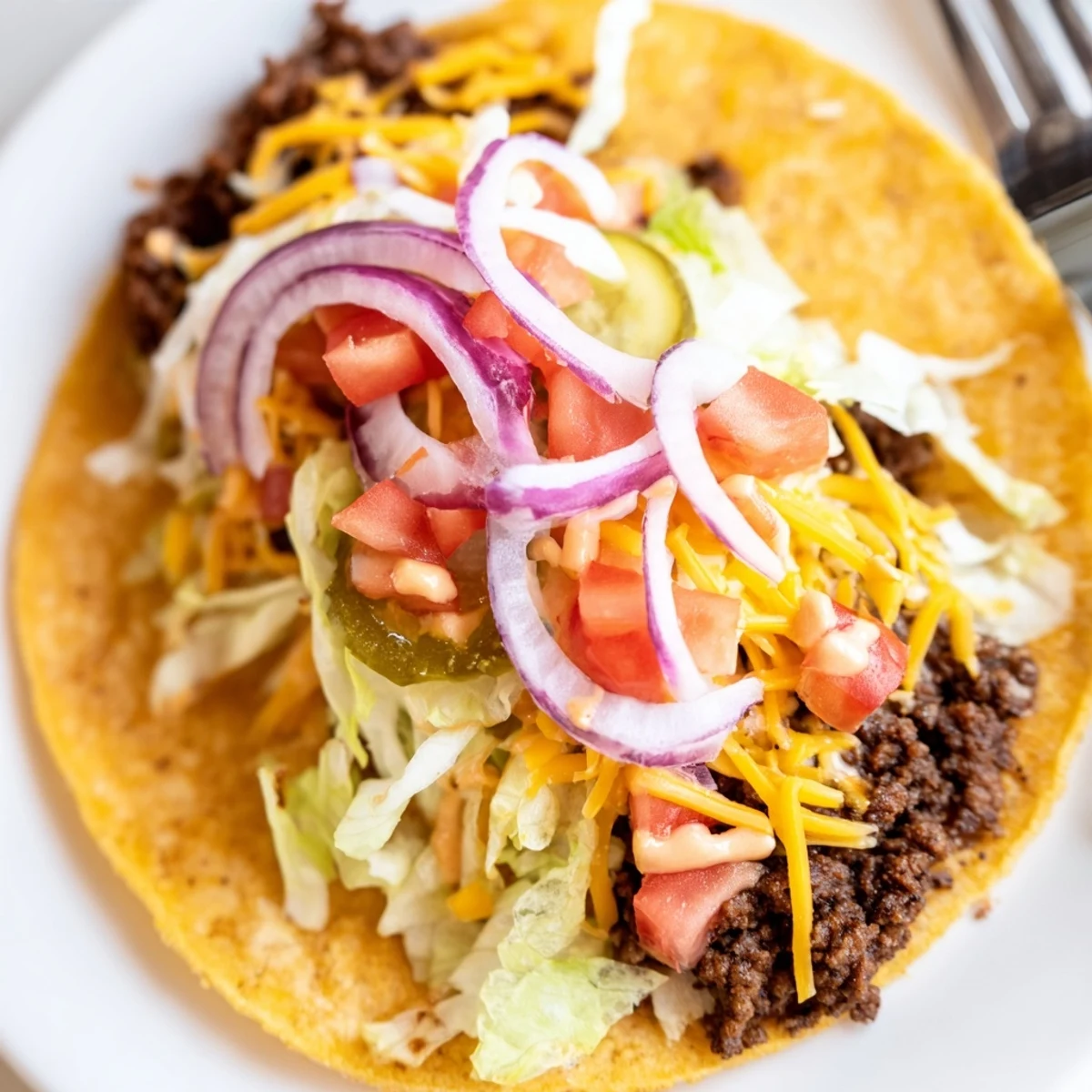 Crispy smash burger tacos loaded with melted cheddar, fresh lettuce, and tangy burger sauce