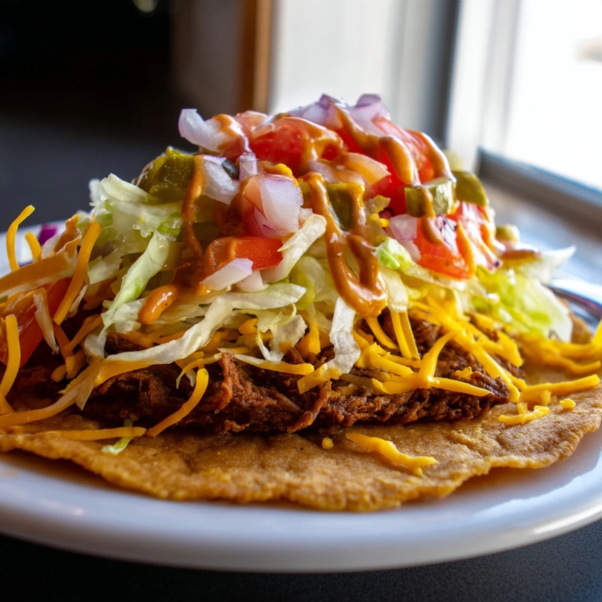 Steaming hot smash burger tacos topped with crunchy pickles, shredded cheese, and crisp onion
