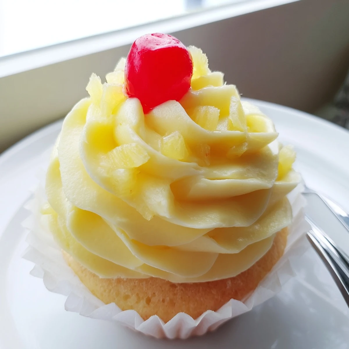 Moist pineapple cupcakes swirled with creamy whipped frosting on a pastel liner