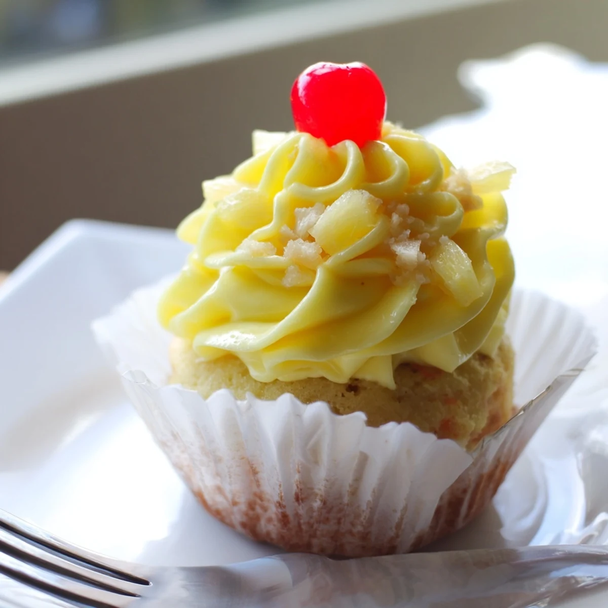 Dole Whip Cupcakes with airy pineapple frosting and a bright cherry topper