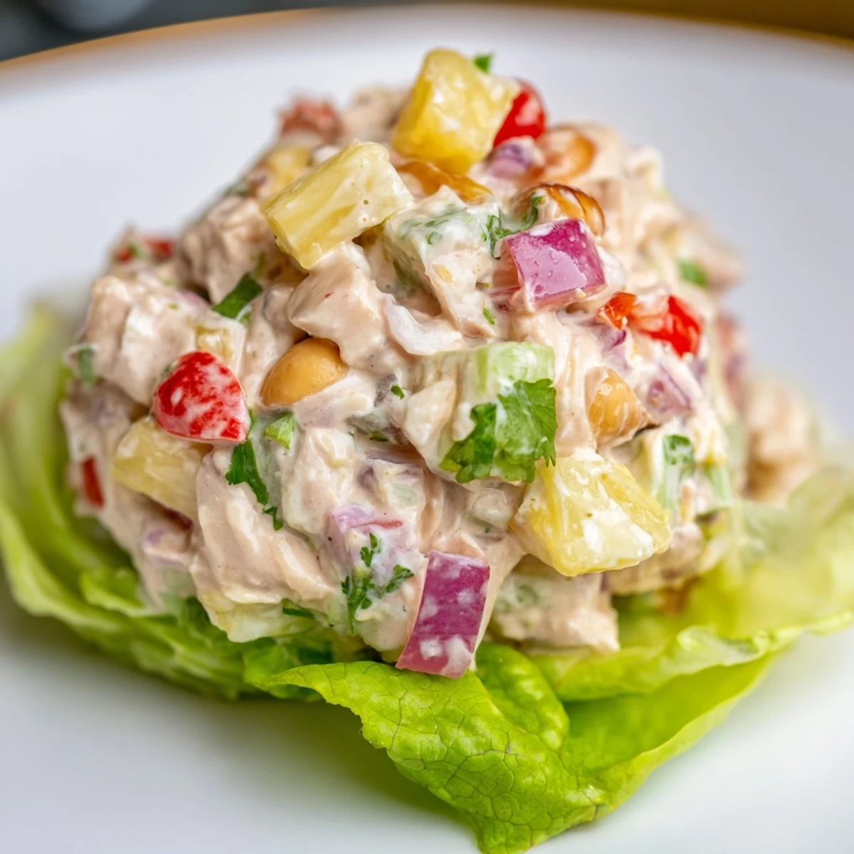 Chilled Hawaiian Chicken Salad Recipe tossed in creamy lime-honey dressing, sprinkled with macadamias.