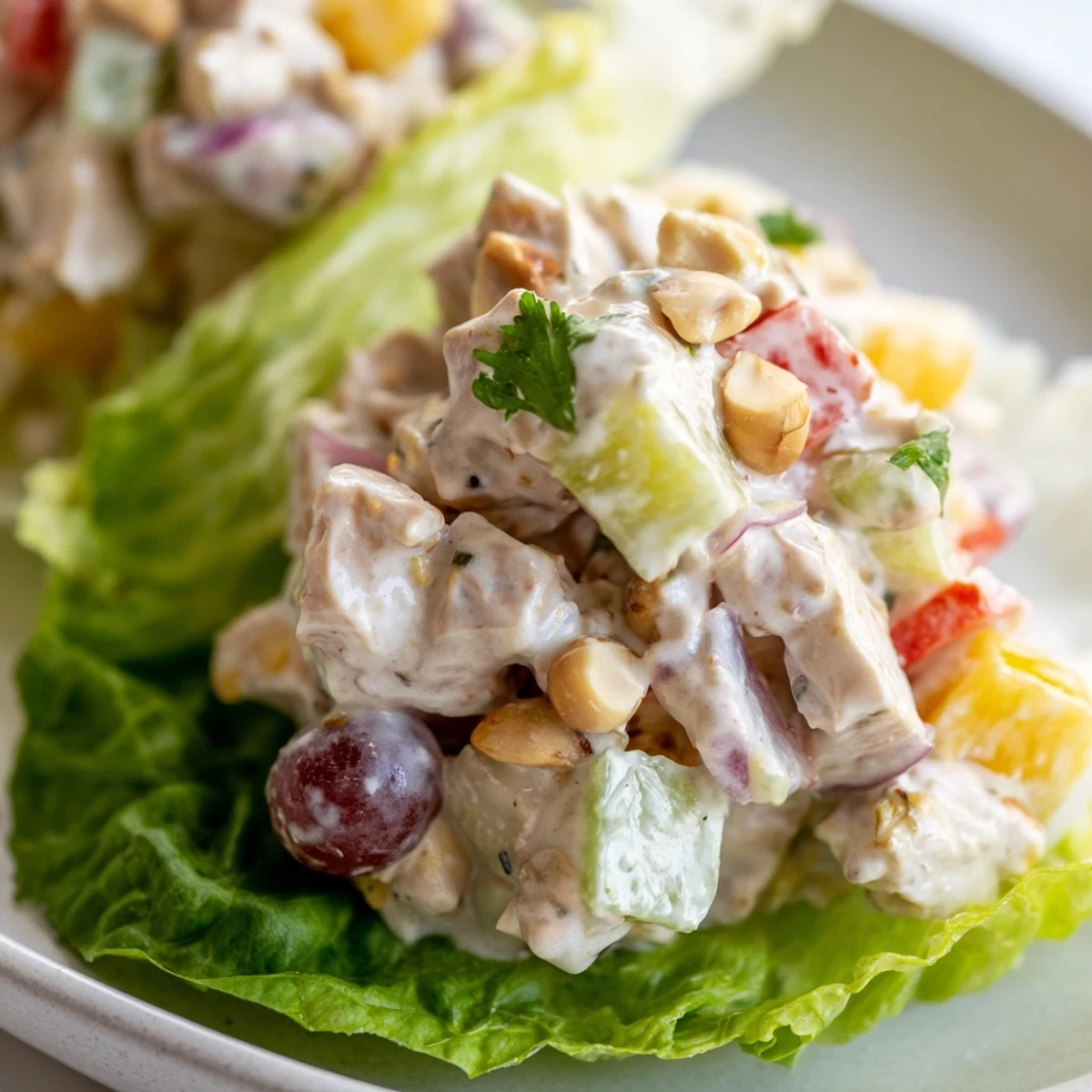 Bright Hawaiian Chicken Salad Recipe served on butter lettuce, garnished with cilantro.