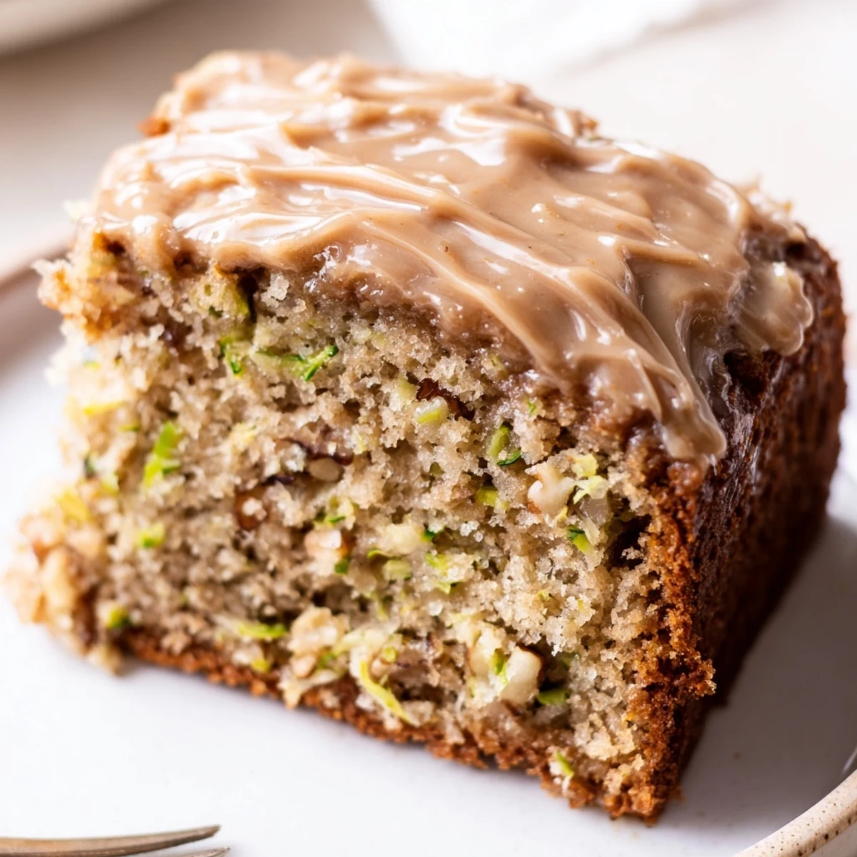 Moist Zucchini Cake With Brown Sugar Icing, warm slice served with coffee