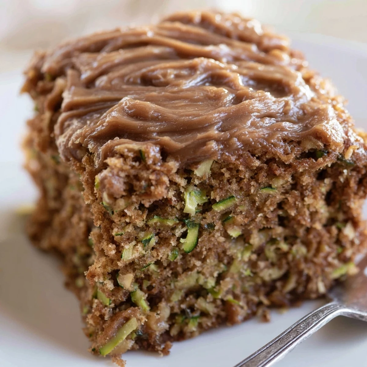 Homestyle Zucchini Cake With Brown Sugar Icing, flecked batter and warm buttery aroma