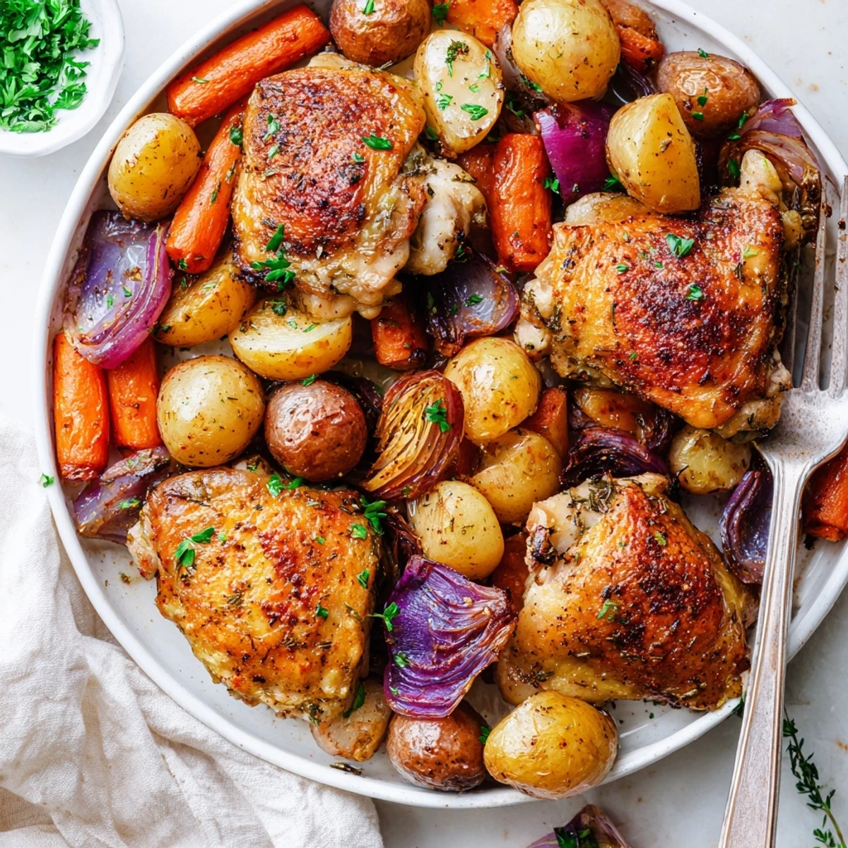 Crispy golden skin on Sheet Pan Chicken And Potatoes, roasted with herbs