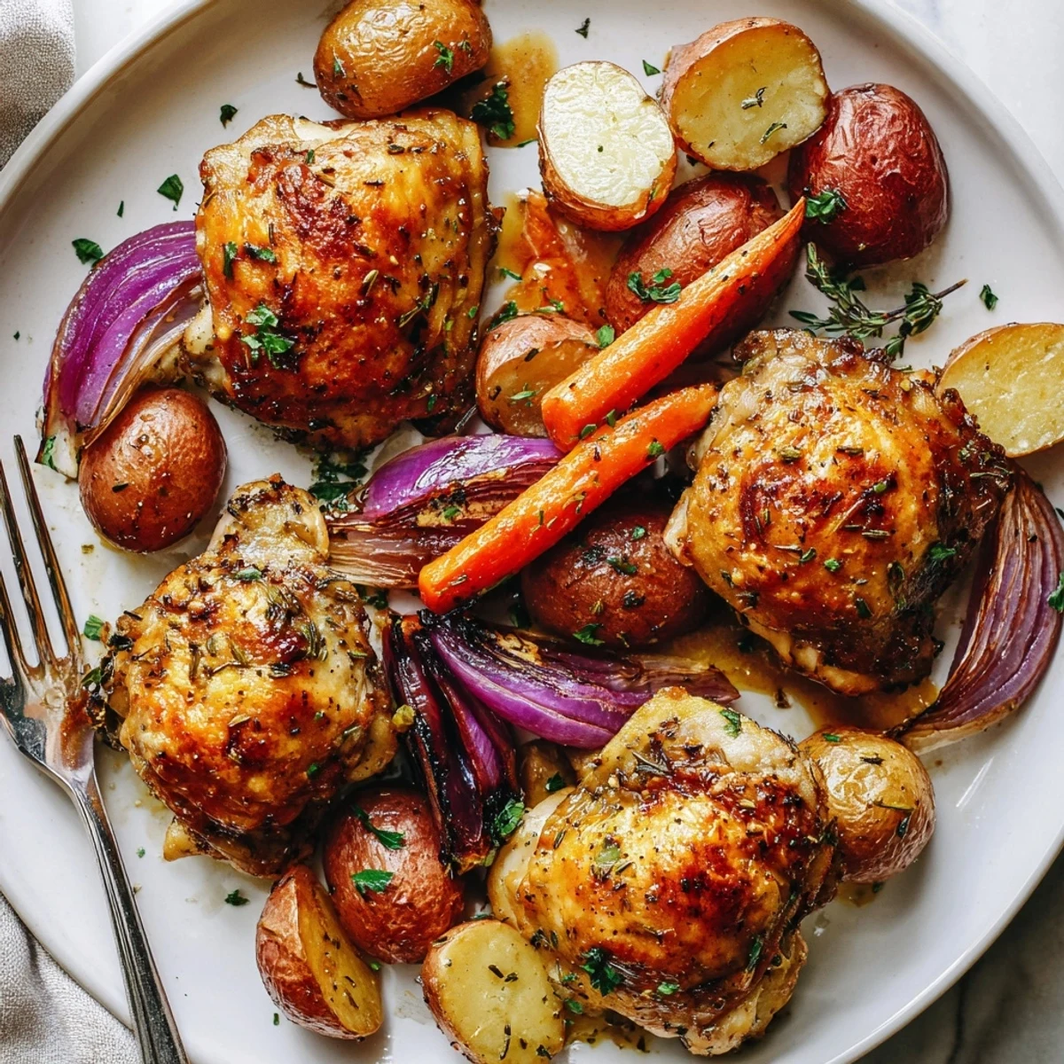 Herb-scented Sheet Pan Chicken And Potatoes served with chopped parsley, lemon