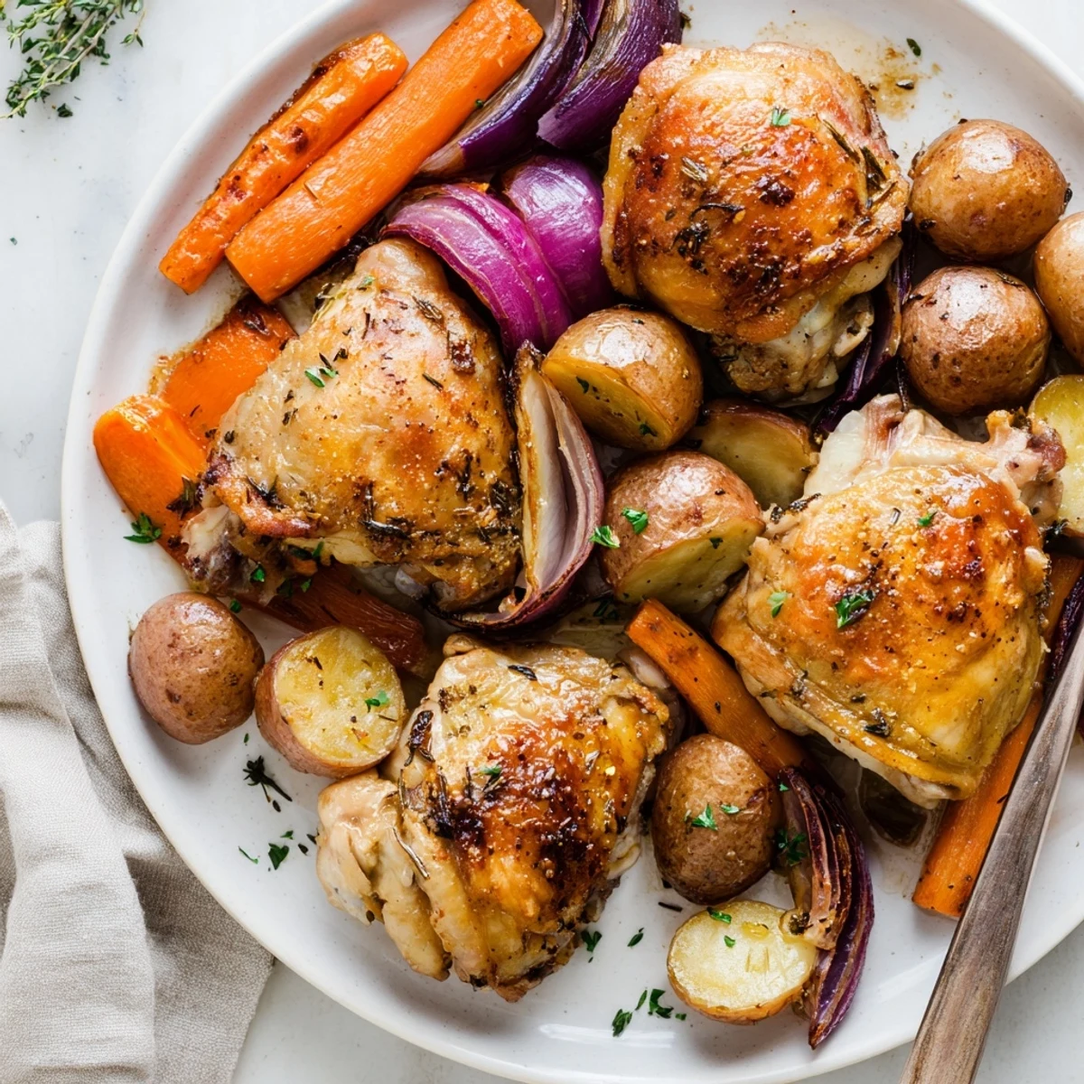 Sheet Pan Chicken And Potatoes steaming on baking sheet, fork-tender vegetables