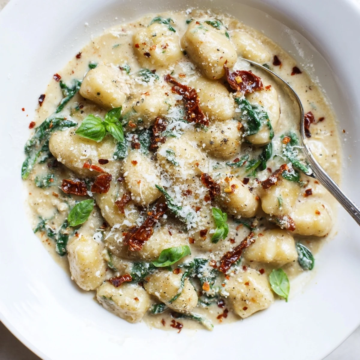 Weeknight Marry Me Gnocchi plated with wilted spinach, garlic aroma evident