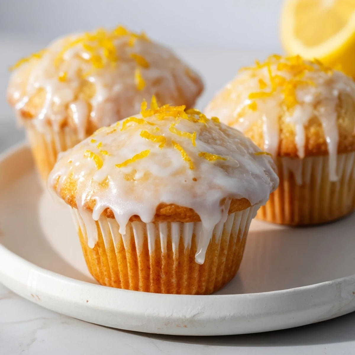 Glazed Lemon Ginger Muffins with glossy citrus glaze, steaming on wire rack