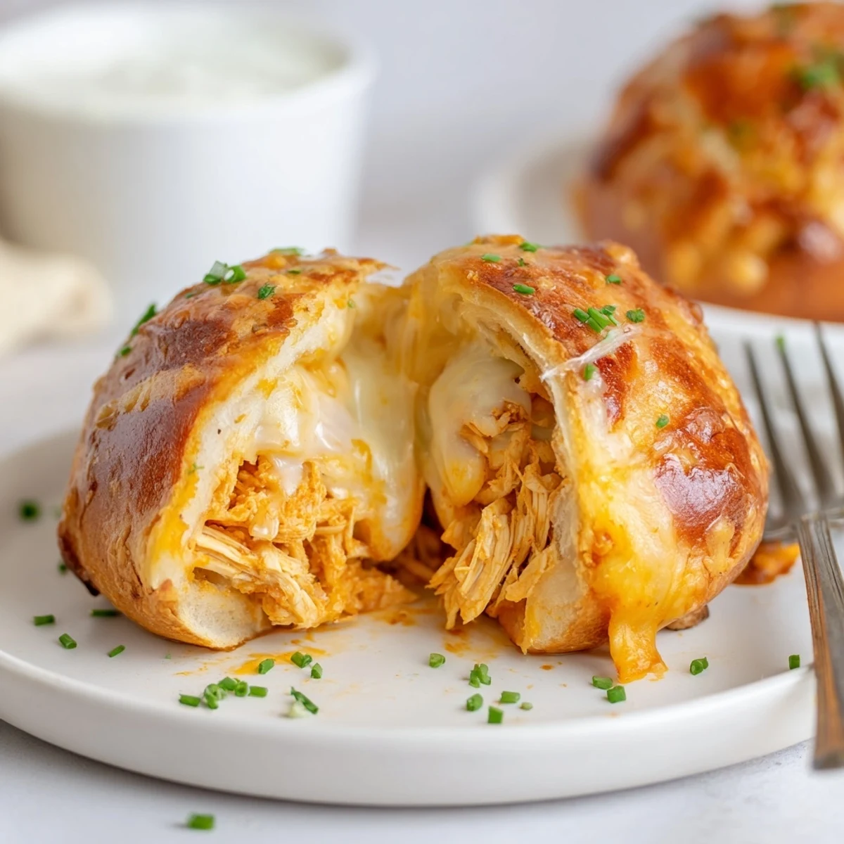 Golden baked Buffalo Chicken Mozzarella Bombs steaming, oozing cheese, served with ranch.