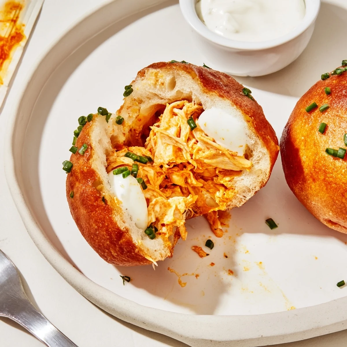 Crispy Buffalo Chicken Mozzarella Bombs on parchment, brushed with garlic butter.