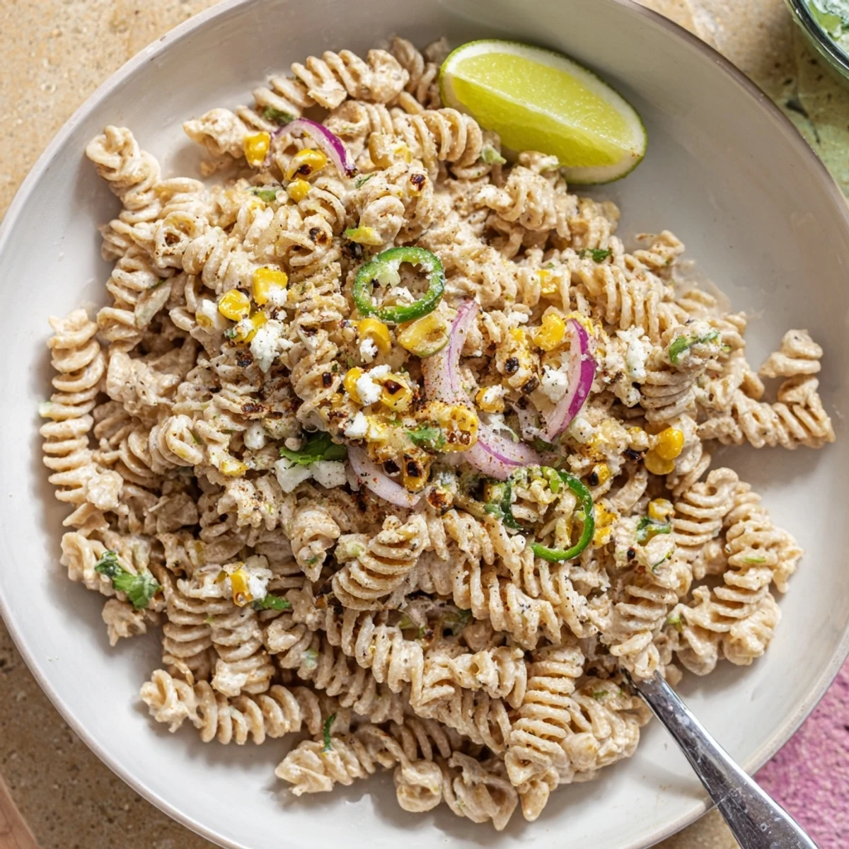 Creamy Juicy Street Corn Pasta Salad with charred corn and cotija cheese