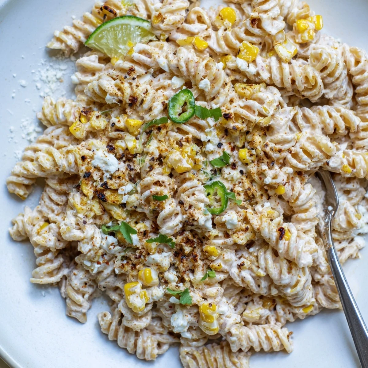 Chilled Juicy Street Corn Pasta Salad glowing with lime, cilantro, and jalapeño