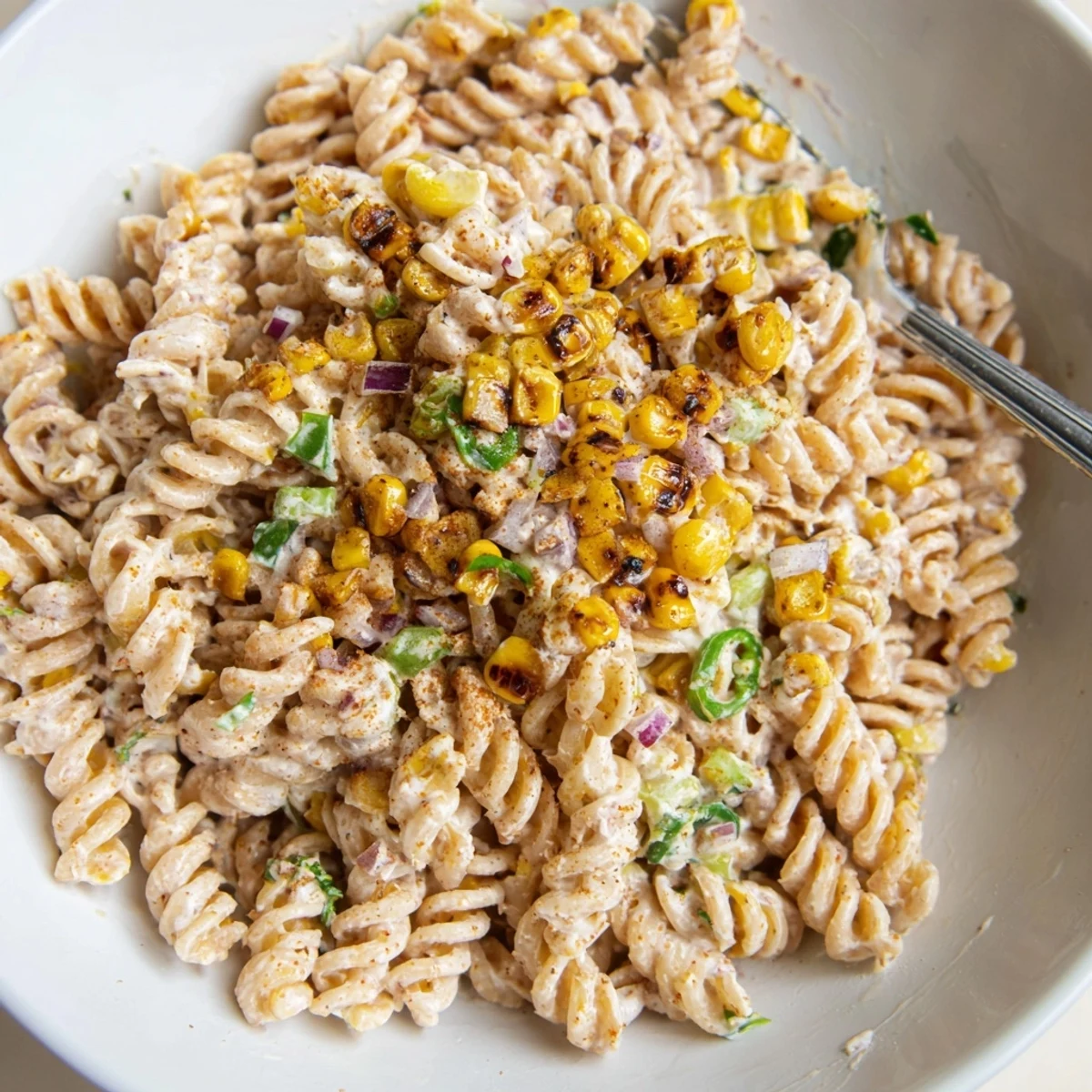 Grilled-corn Juicy Street Corn Pasta Salad served in a bowl for summer potlucks