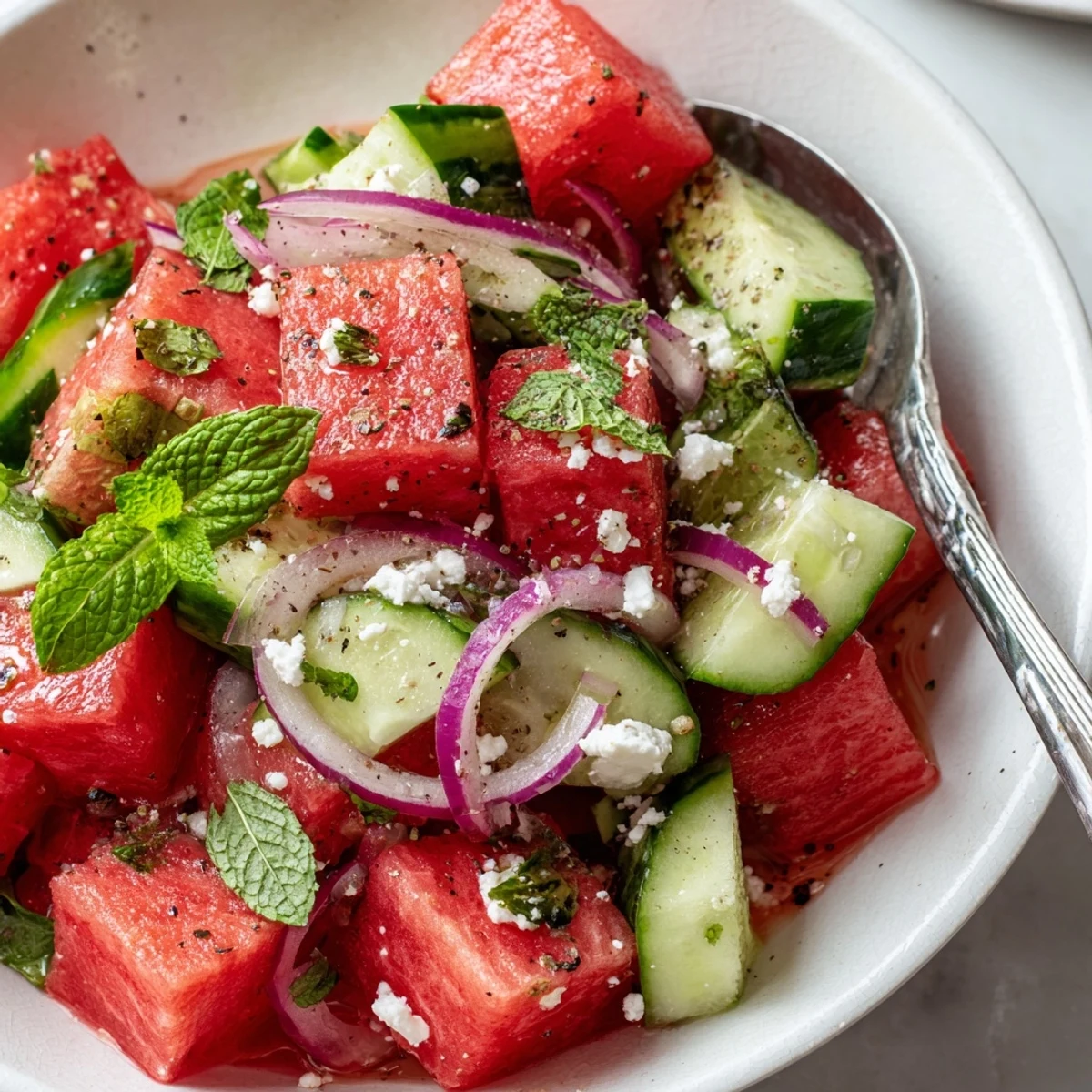 Watermelon Cucumber Salad with mint and lime, glistening cubes ready to serve