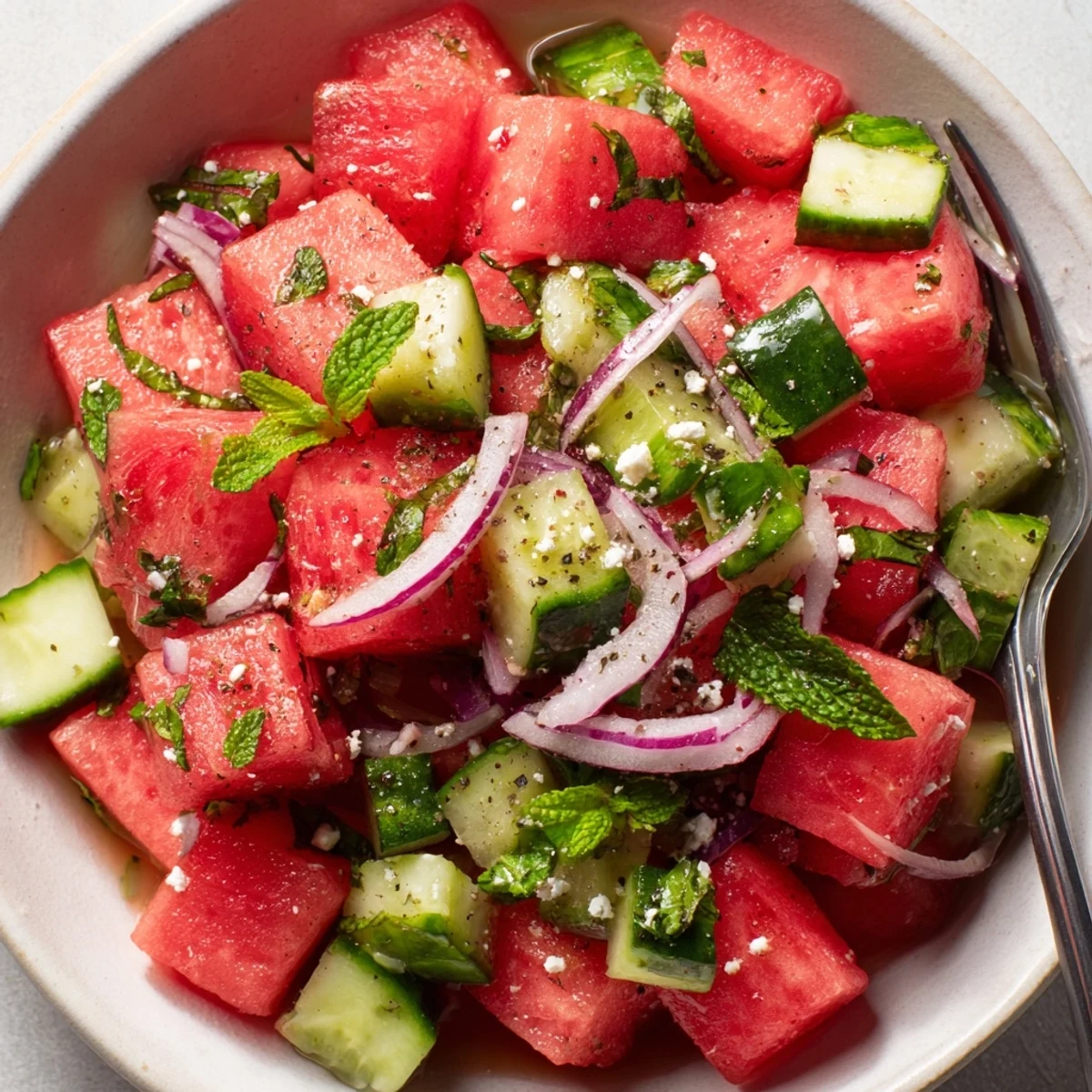 Chilled Watermelon Cucumber Salad with thin red onion and crumbled feta garnish