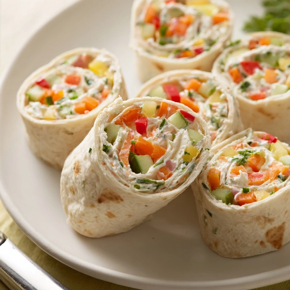 Bright Vegetable Tortilla Roll Ups sliced into bite-sized spirals for picnic snacking