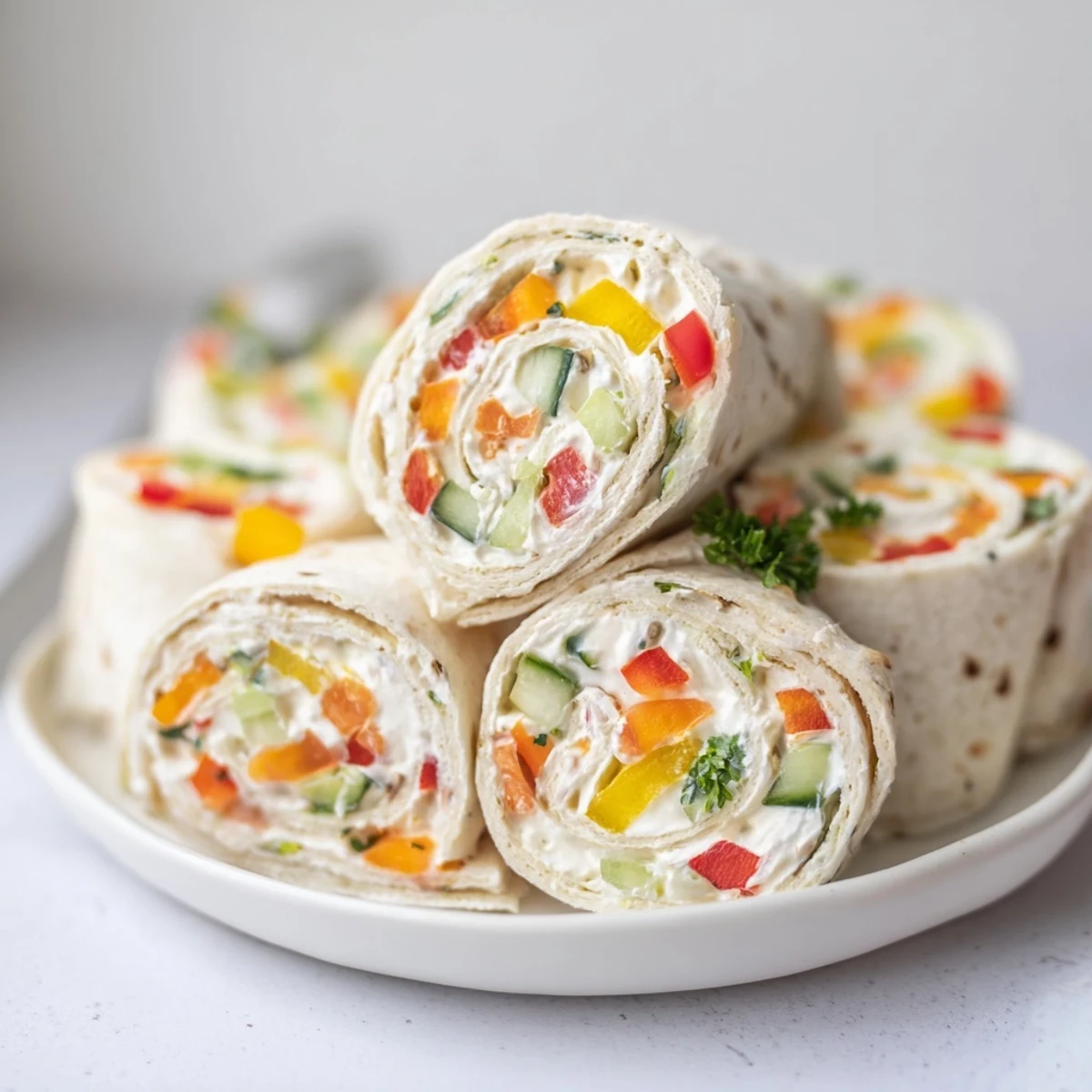 Vegetable Tortilla Roll Ups arranged on platter, creamy filling and crisp veggies