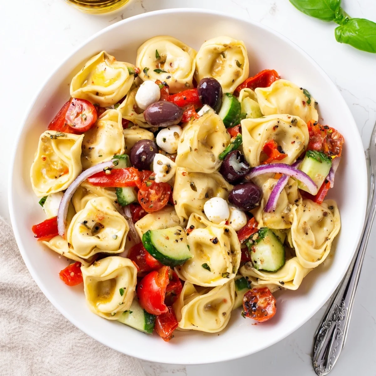 Creamy mozzarella-studded Tortellini Pasta Salad tossed in zesty Italian dressing, picnic-ready.