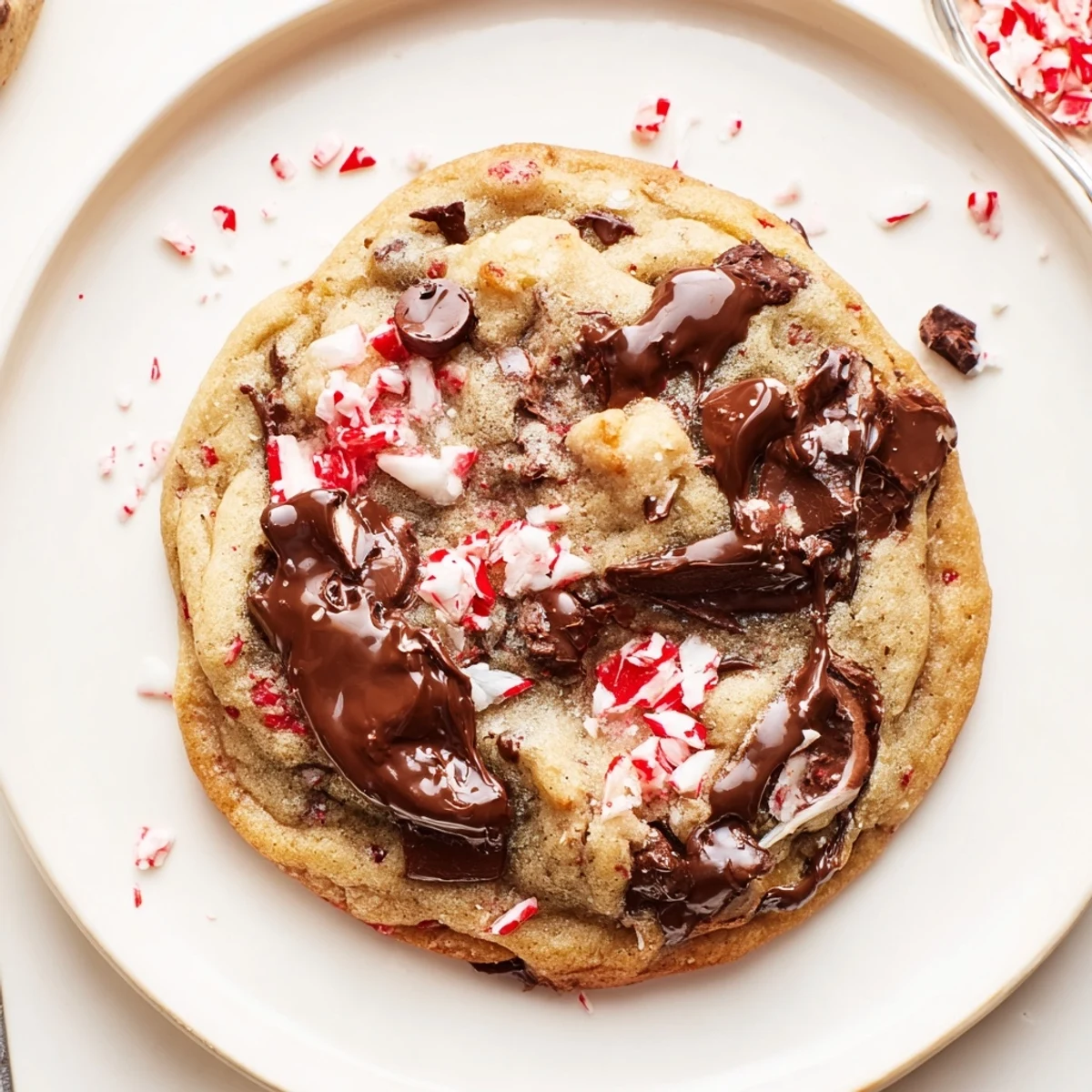 Peppermint Chocolate Chip Cookies cooling on rack, glossy chips and crushed peppermint